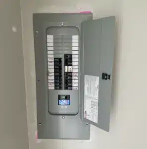 Open electrical panel in Kent, WA.